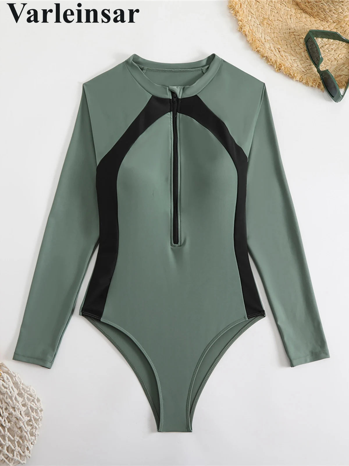 Sexy High Cut Printed Long Sleeve Zipper Surf Rash Guard One Piece Swimsuit Women Swimwear Female Bather Bathing Suit Swim V6285