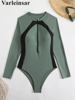 Sexy High Cut Printed Long Sleeve Zipper Surf Rash Guard One Piece Swimsuit Women Swimwear Female Bather Bathing Suit Swim V6285