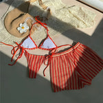 With Shorts Striped Halter Bikini Female Swimsuit Women Swimwear Three-Pieces Bikini Set Padded Bather Bathing Suit Swim V7159
