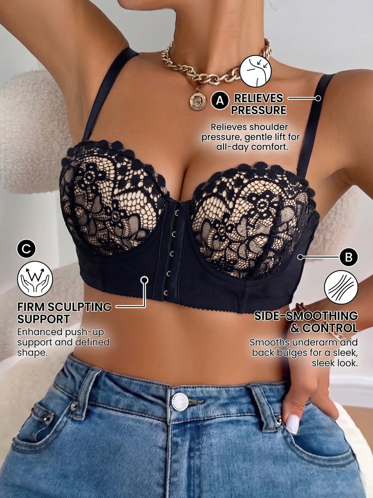 Floral Lace Women Bra Front‑Closure Shaping Lift Push‑Up Bra Side‑Smoothing Comfort Sexy Lingerie