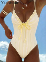 S - XL Striped Plaid V Neck Women Swimwear One Piece Swimsuit Female Frilled High Leg Cut Padded Bather Bathing Suit Swim V8288