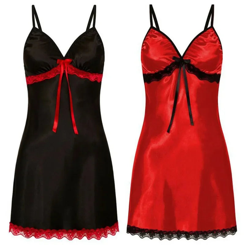 Women Sexy Sleepwear Sleeveless Nighties V-neck Nightgown Plus Size Nightwear Lace Nightdress Silk Satin Night Dress