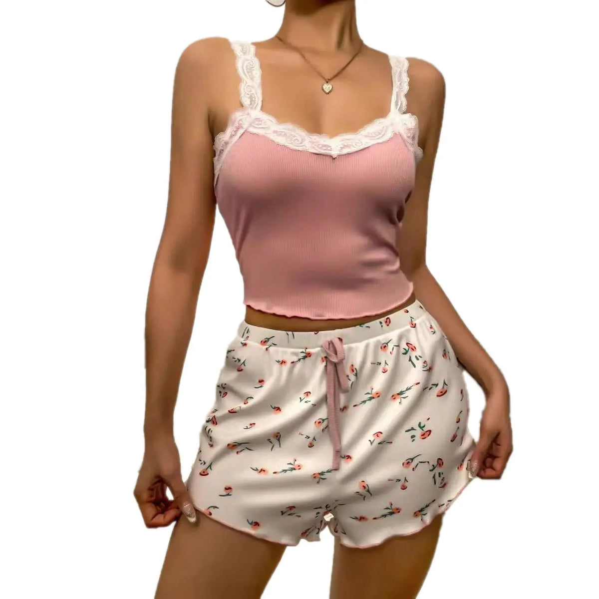 Women Pajama Set Lace Patchwork V-Neck Sleepwear Sexy Nighties Suit Camisole Top Printed Shorts Soft Pyjamas Loungewear