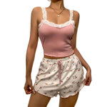 Women Pajama Set Lace Patchwork V-Neck Sleepwear Sexy Nighties Suit Camisole Top Printed Shorts Soft Pyjamas Loungewear