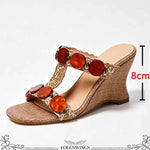 Boho Raffia Comfortable 8cm High Heels Wedge Slide Mules T-Strap Vacation Beach Straw Heels Espadrille Wedge Sandals Women Shoes