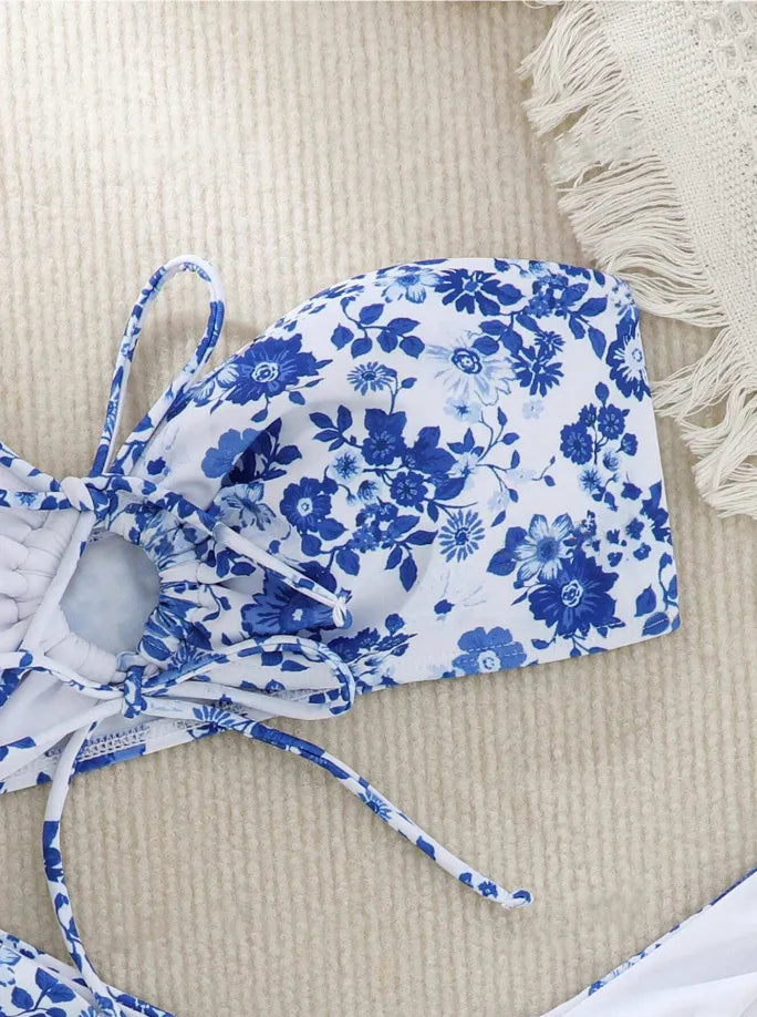 New Sexy Floral Print Bandeau Bikini 2024 Women Swimwear Female Swimsuit Two Pieces Thong Bikini Set Bather Tie Bathing Suit