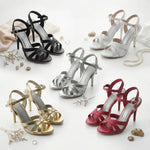2026 Summer New Women's Metallic High Heel Sandals Ankle Strap Crystal Buckle Stiletto Heels Sexy Party Wedding Prom Dress Shoes