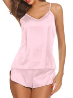 Women's Satin Pajama Set Sexy Sleepwear 2 Piece Loungewear V Neck Cami Top and Shorts Nightwear Solid Color Silk Pjs