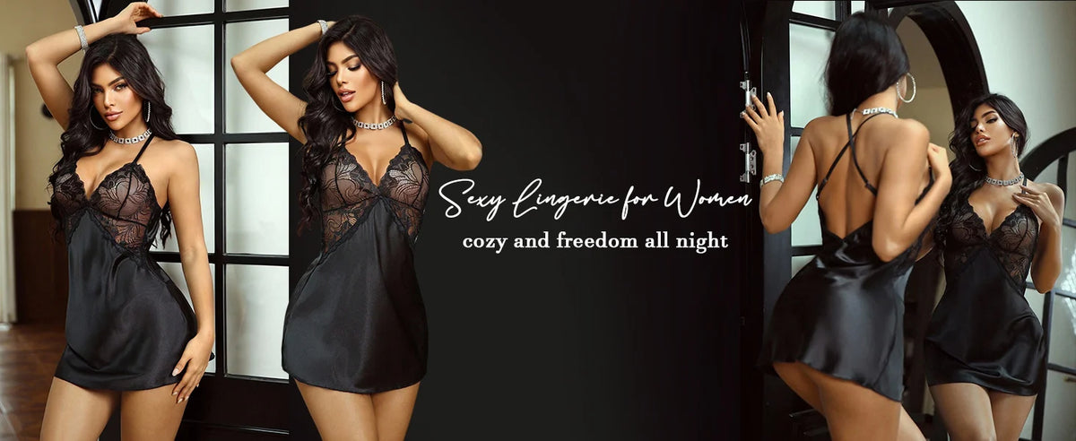 Women Sexy Satin Lace Nightdress Babydoll Lingerie V-Neck Sleeveless Sleepwear Pajama Dress