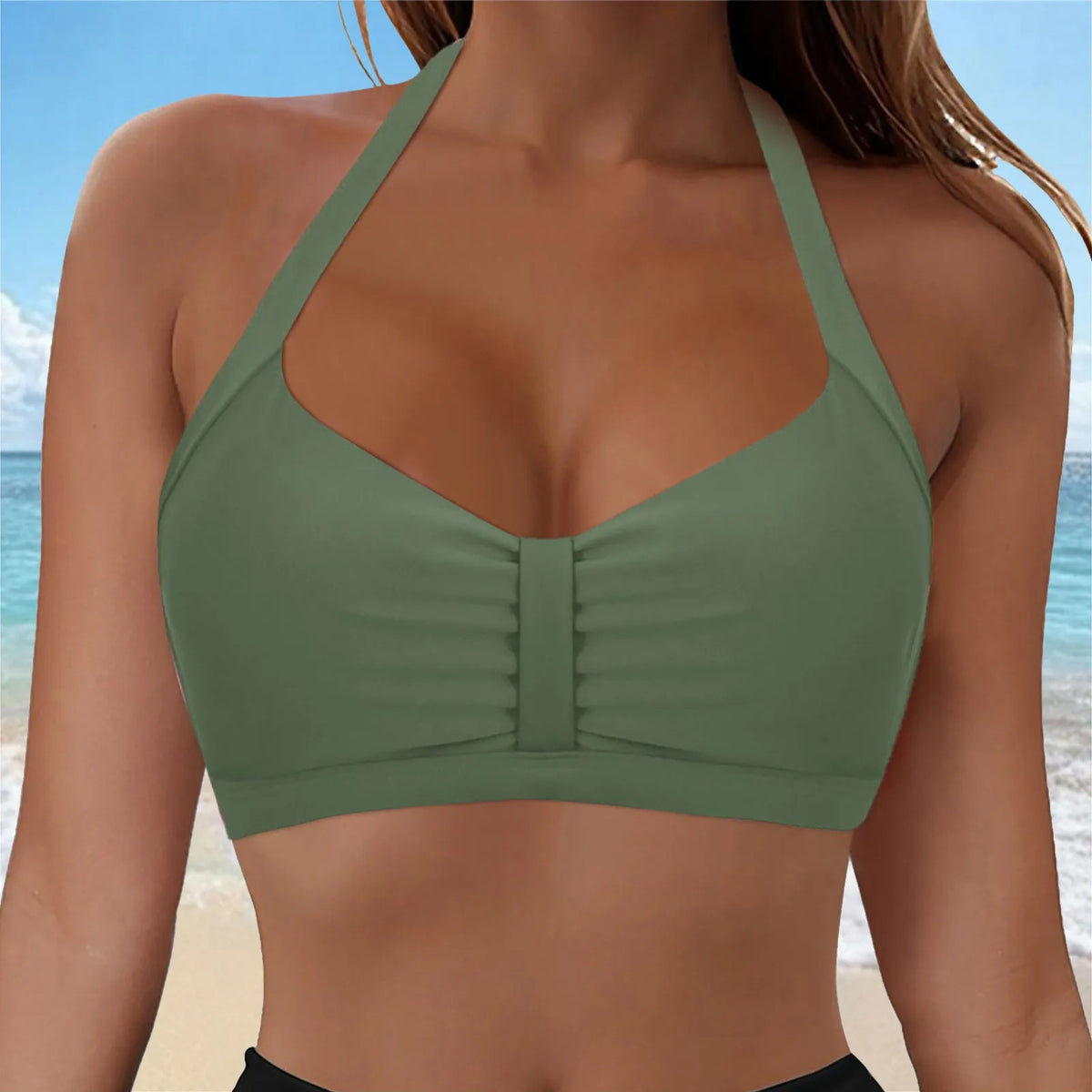 Womens Halter Neck Ruched Bikini Top Padded Push Up Swim Tops Adjustable Tie Back Bathing Suit Top Beach Pool Vacation Swimwear