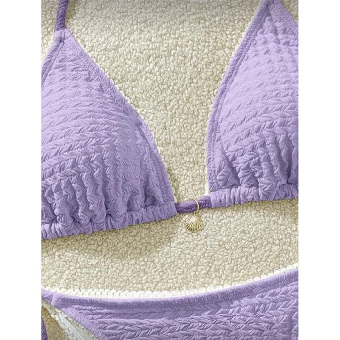 High Cut Leg Two-Pieces Bikini Set Bather Bathing Suit Swim Wrinkled Crinkled Halter Bikini Women Swimwear Female Swimsuit M125