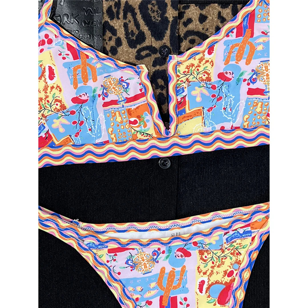 Sexy Printed V Shaped High Leg Cut Bikini Women Swimwear Female Swimsuit Two-Pieces Bikini Set Bather Bathing Suit Swim V4745