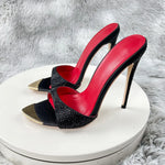 Diamond Black print high heeled slippers for women with thin heels, pointed toes exposed toes soles high heels 12cm sexy sandals