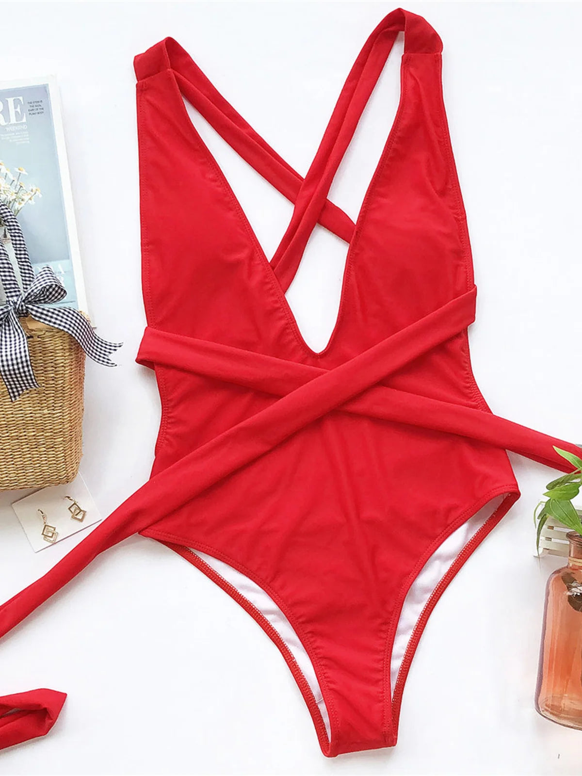 Sexy Wrap Around Bandage Women Swimwear One Piece Swimsuit Female Bather Deep V Neck Bathing Suit Swim Backless Monokini V1639C