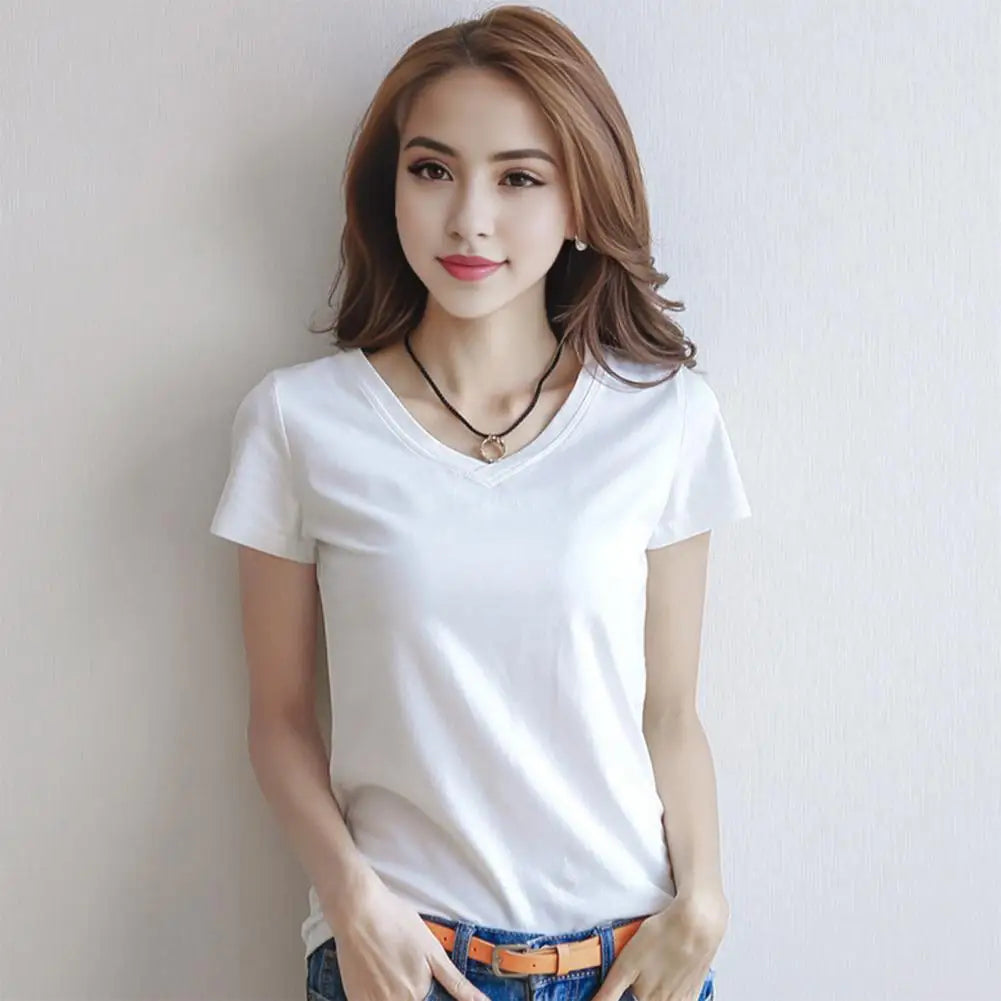Women Summer T-shirt V-neck Short Sleeve Slim Fit T-shirt Solid Color Pullover Tops Women Bottoming Shirt Streetwear