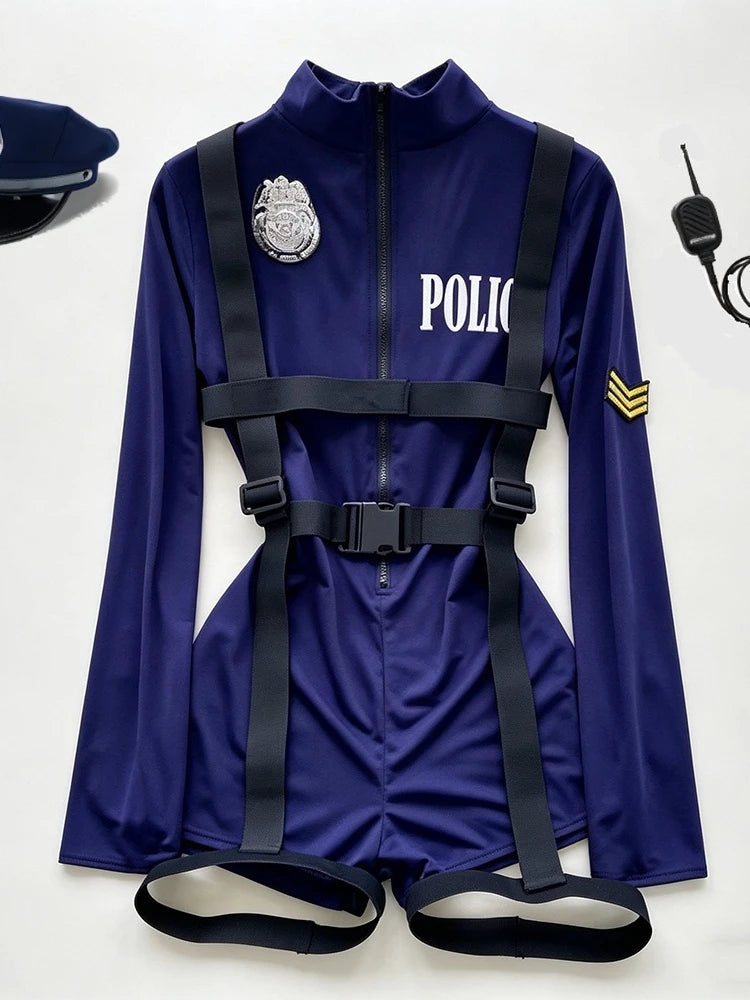 Women Police Cosplay Costumes Long Sleeve Zipper Romper with Harness Belt Halloween Role Play Outfit for Carnival Themed Events