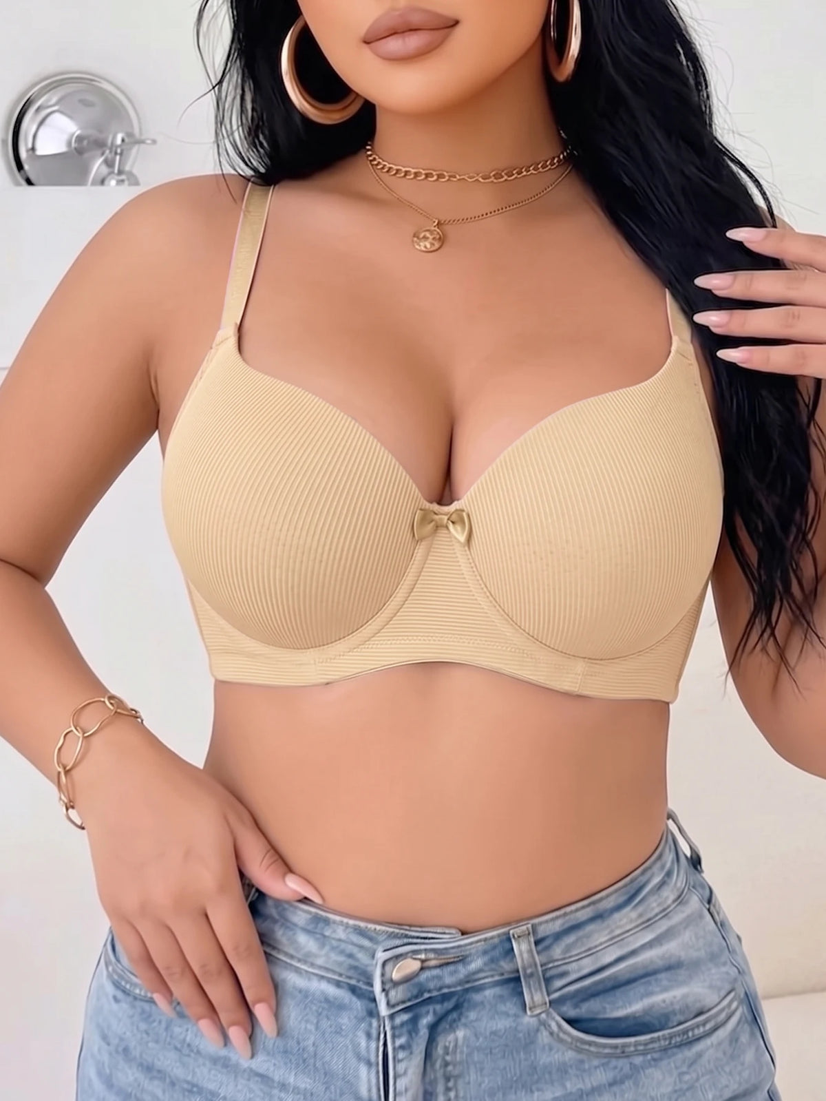 Plus Size Women's B C D Thin Cup Ribbed Push Up Bra Wide Straps Underwire Side gather Lingerie Comfort Ladies Brassiere