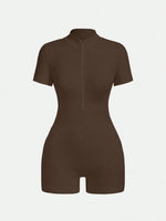 Women's Solid Color Half Zip Ribbed Knit Short Sleeve Romper Sports Soft Slim Fit Mock Neck Jumpsuit Streetwear 2025 Summer