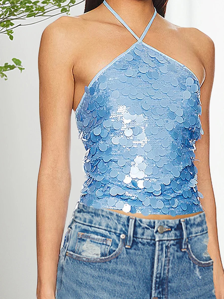 Women Solid Color Camis Tops Sequins Tie-Up Halter Neck Casual Summer Sleeveless Loose Fit Camisole Streetwear
