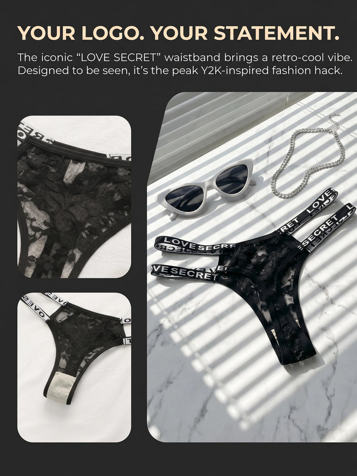 Women Lace Thong Black Letter Waistband G-string Sexy Panties Sheer Mesh Breathable Lingerie C856