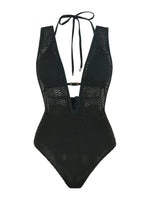 S - XL Deep V Neck Knit Fishnet Mesh One Piece Swimsuit Women Swimwear Female Backless Monokini High Leg Cut Bathing Suit Swim