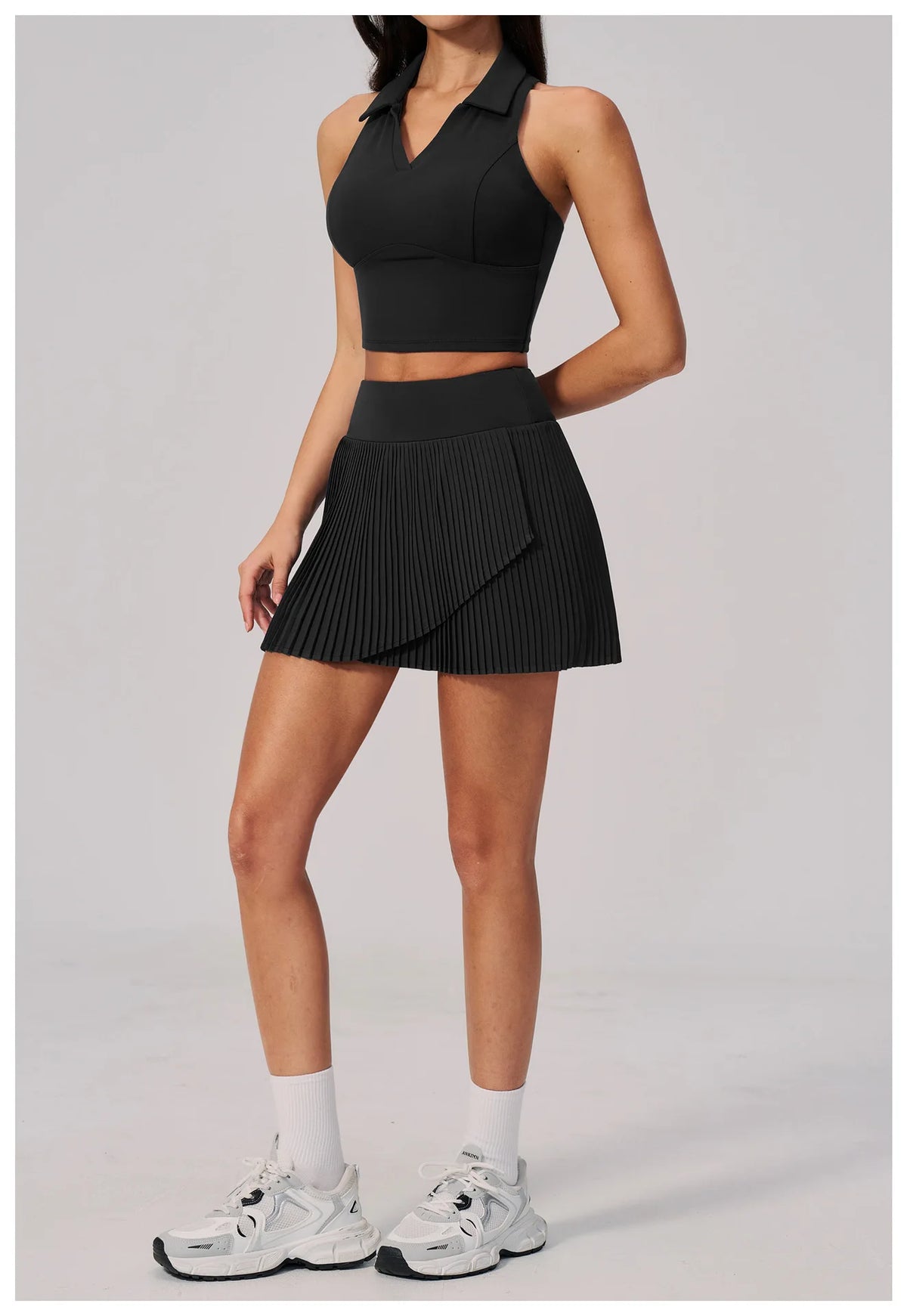 Women's Tracksuit Yoga Set 2 Pieces High Waist Pleate Pocket Skort Fitness Suit Turn Down Collar V Neck Slim Tank Top Sporstwear