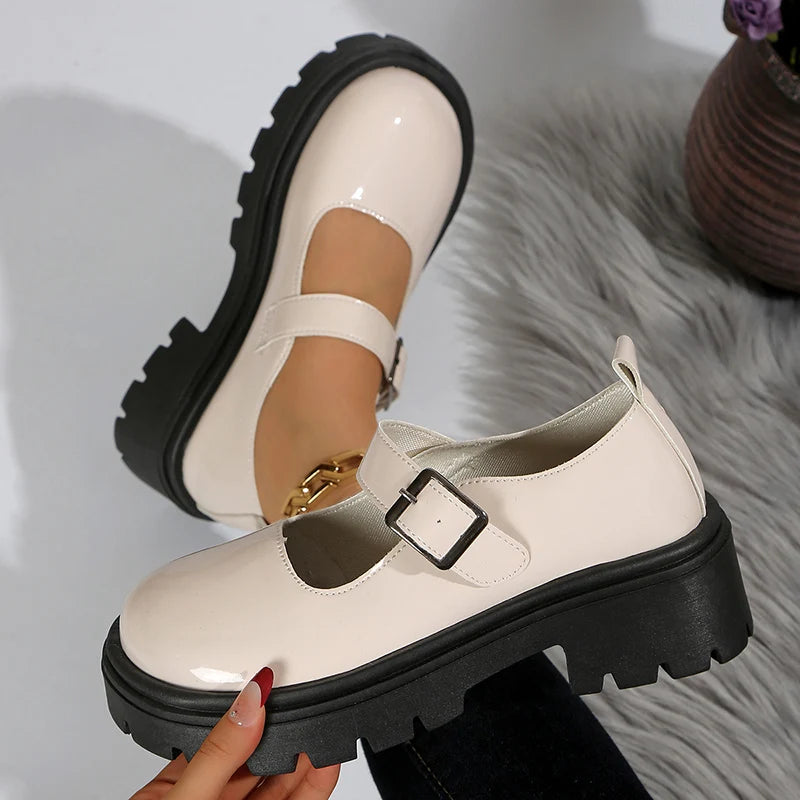 Patent Leather Thick Sole Mary Jane Shoes Women 2025 Ankle Buckle Platform Pumps Woman Round Toe High Heel Lolita Shoes Female