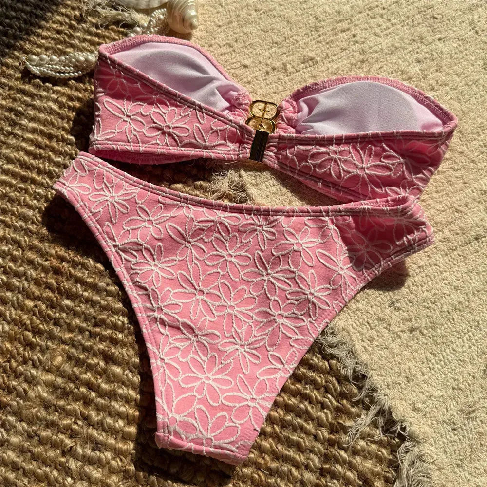 Flower Embroidery Bandeau Bikinis Sets Woman 2026 Metal Buckled Sexy Swimsuit Women High Cut Bathing Swimming Suit Bikini Mujer
