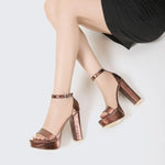 Gold Size35-42 Sandals Women's Thick Heel Square Head Buckle Waterproof Table Open Toe Hollow Word with High Heel Sandals