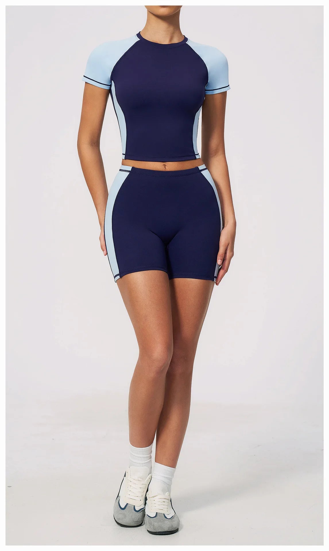 Summer New Yoga Sets Women Breathable Contrasting Color Short Sleeve Slim Sports T Shirts Training Running Shorts Fitness Suit