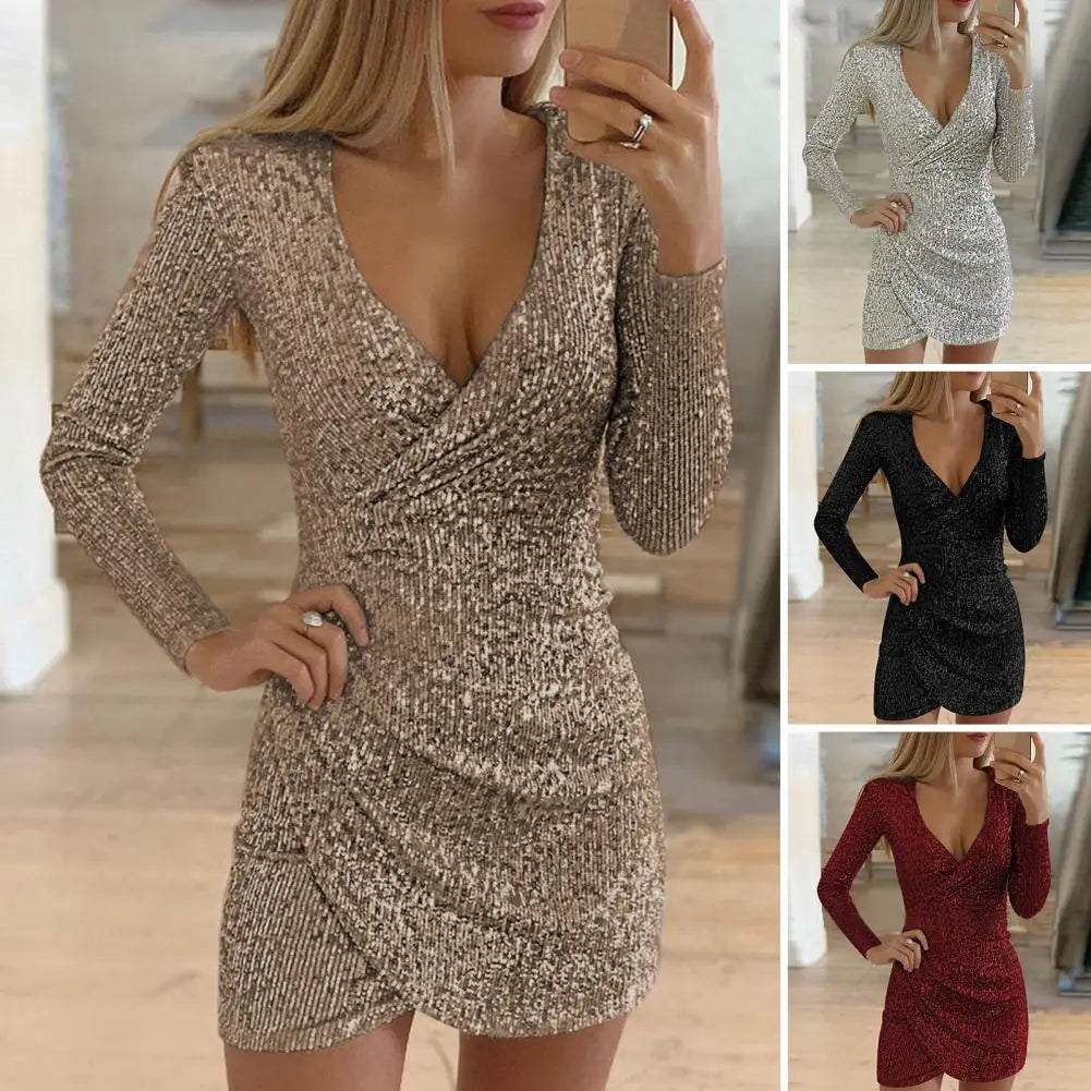 Spring Summer Women Dress Sequin Deep V Neck Slim Long Sleeves Slim Fit Pleated Party Club Short Dress Dating Prom Mini Dress