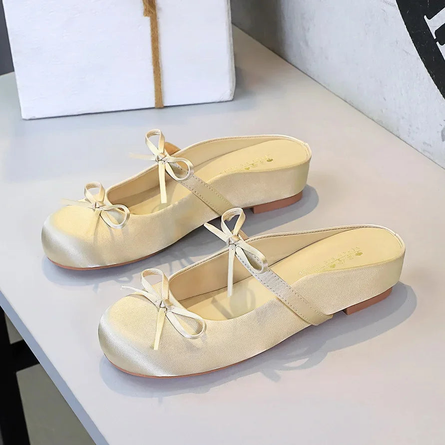 BIGTREE Satin Bow With One Strap With Shallow Mouth Half-Tugging Women's Hollow Inner Heightened Round-Head Sandals Comfortable