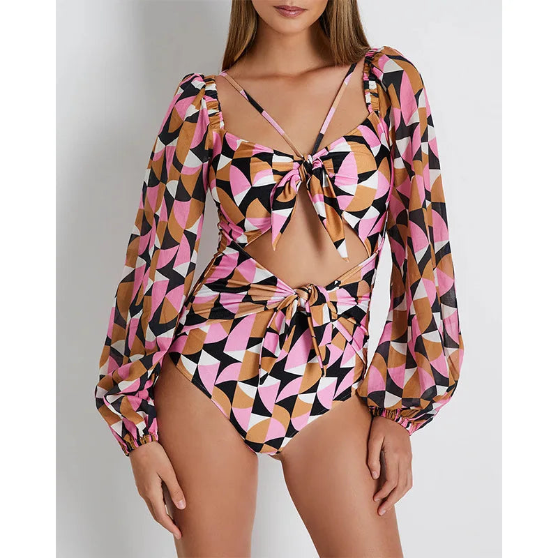 One Piece Swimsuit Sexy Long Sleeve Tropical Print Swimwear Women Bandage Monokini Hollow Out Bathing Suit String Beachwear 2023