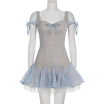 Dreamy and Western-style lace pleated princess dress with sparkling sequin design and puff-sleeved high-waisted dress.
