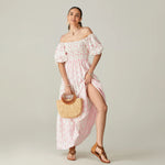 Women Summer Long Dress Floral Print Square Neck Short Sleeve Fashion Casual Bohemian Holiday Beach Dresses