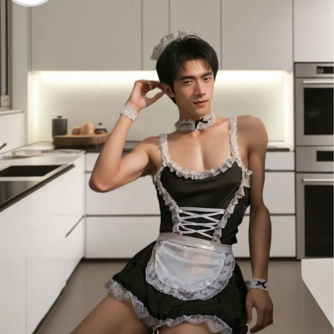 Cross-border Sexy Pure Desire Men Cosplay Stretch Milk Silk Lace Suspender Skirt and Lace Apron Valet Lingerie Uniform Set