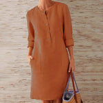 Summer Boho Vintage Dress Women Casual Long Sleeve Buttons Pockets Cotton Linen Loose Knee-length Dress