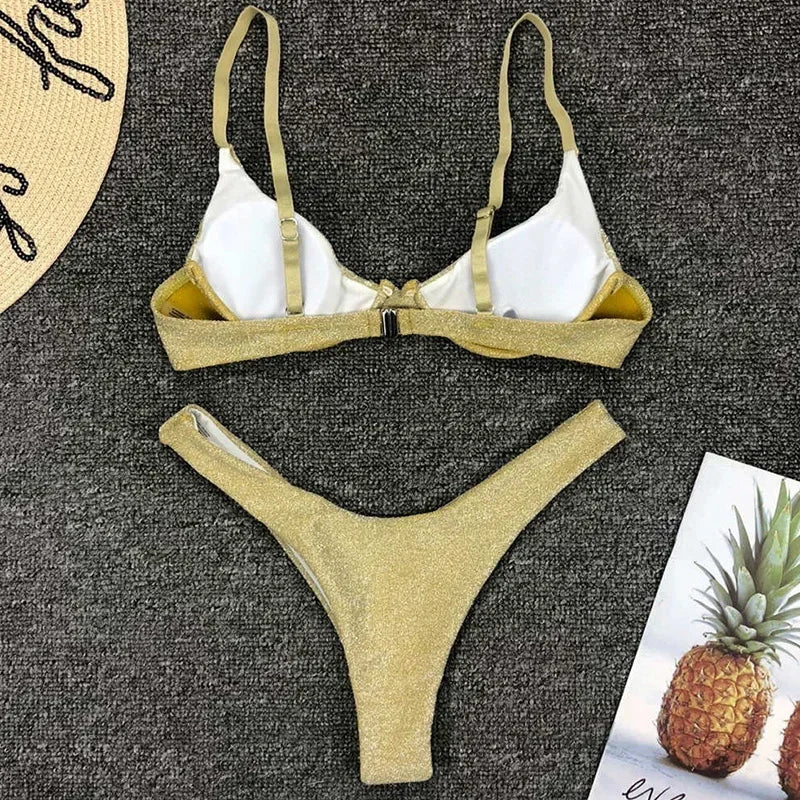 Glitter Shiny Underwired V-Bar Bikini Women Swimsuit Female Brazilian Swimwear Two-piece Bikini Set Triangle Bathing Suit Swim