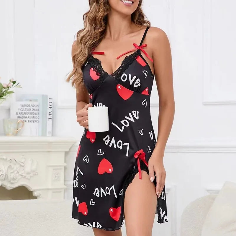 Lace Trim Leopard Nightdress V Neck Backless Side Split Slip Sleep Dress Women's SleepwearDresses