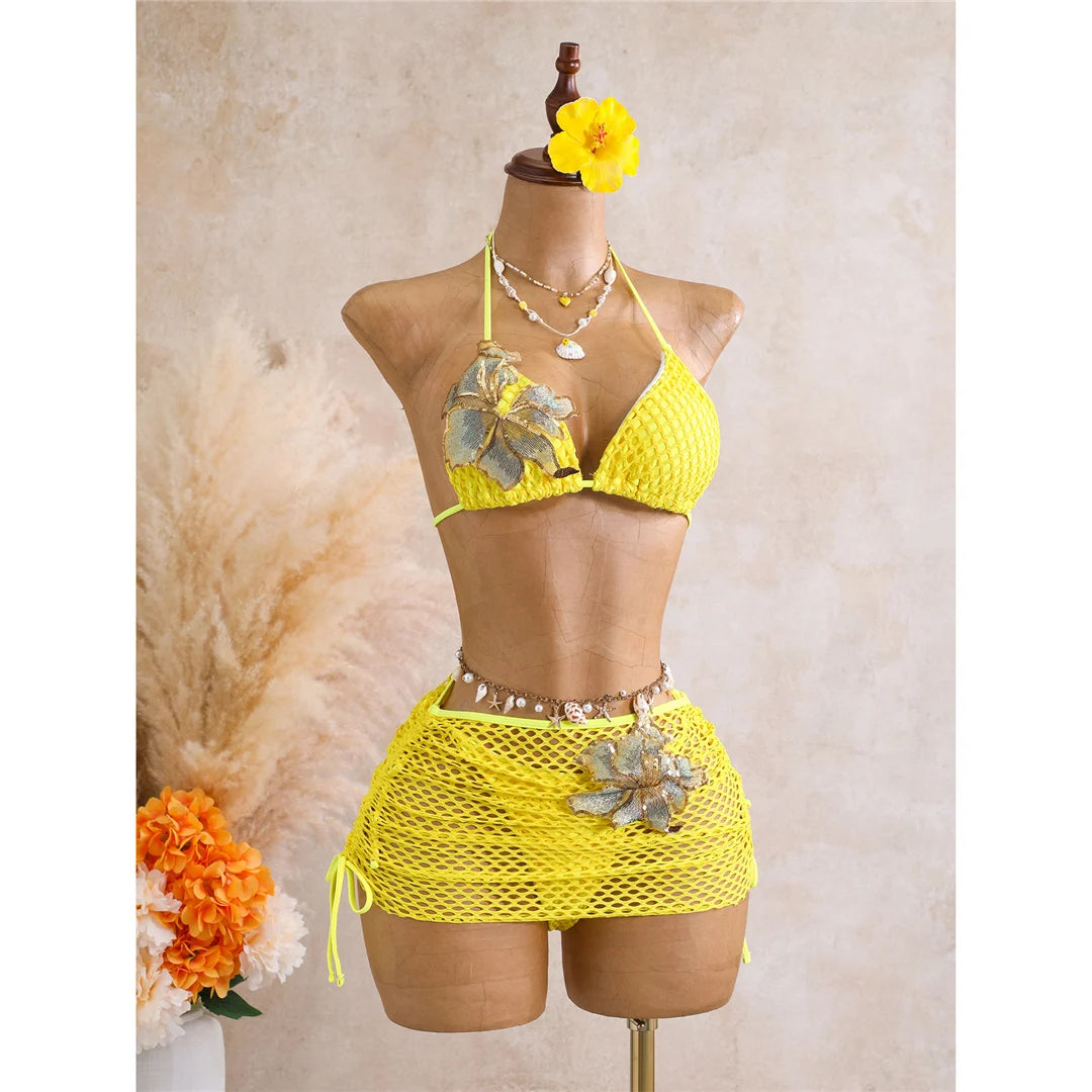 With Skirt 3D Flower Halter Bikini Women Swimwear Female Swimsuit Three-Pieces Bikini Set Padded Bather Bathing Suit SwimV8346