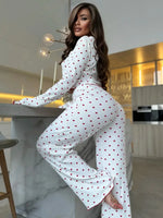 Women's Chic Heart Print Pajama Set 2Pcs Pjs Long-Sleeve Crop Top And Pants Frill Trim Details Cozy Sleepwear Casual Nightwear