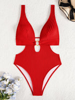 Striped Deep V Neck Cut Out Female Swimwear One Piece Swimsuit Women High Leg Cut Monokini Backless Bathing Suit Swim Bodysuit