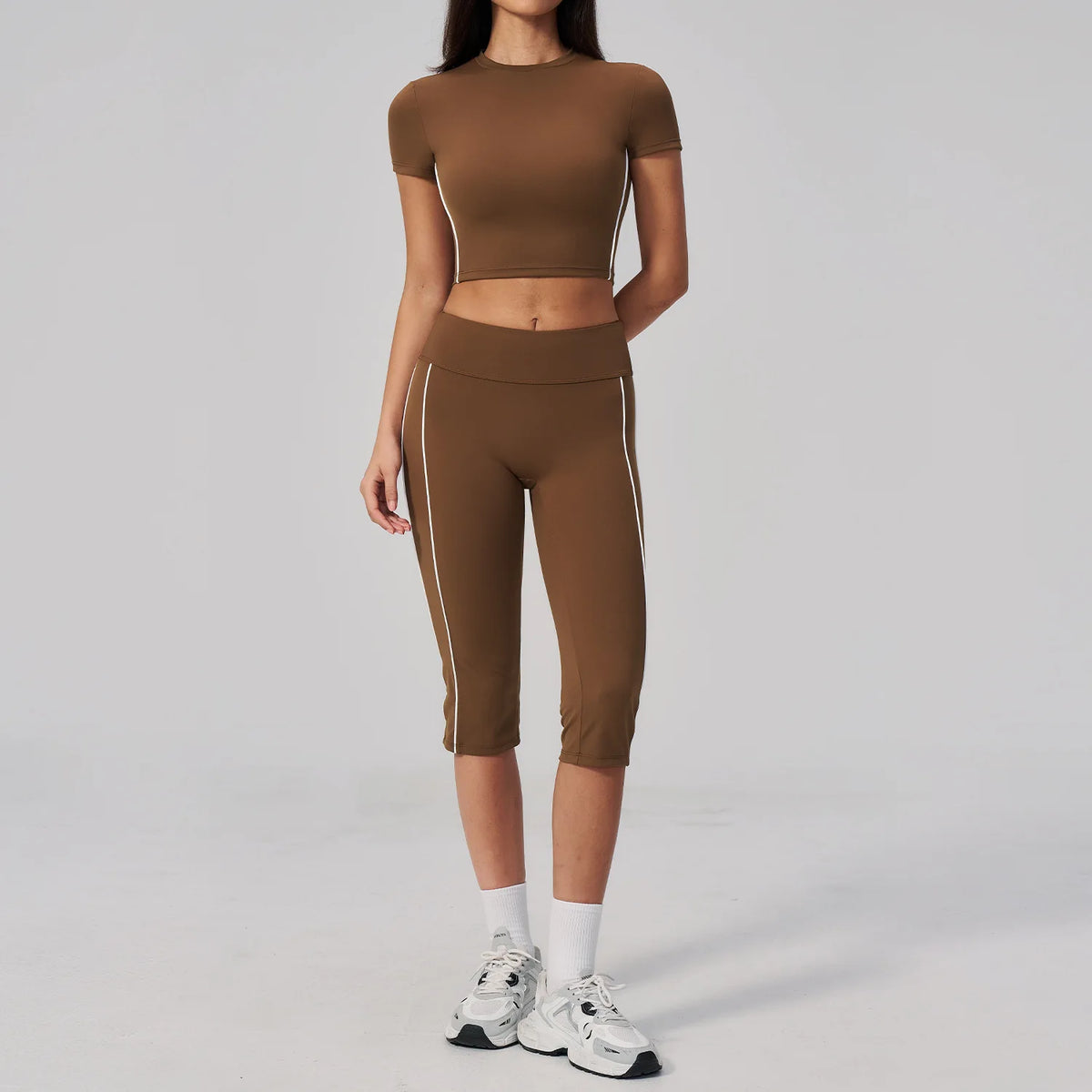 Color Blocked Yoga Suit Women Tracksuit Short Sleeve Shock-absorbing Sports T Shirts High Waist Pants Gym Running Fitness Suits