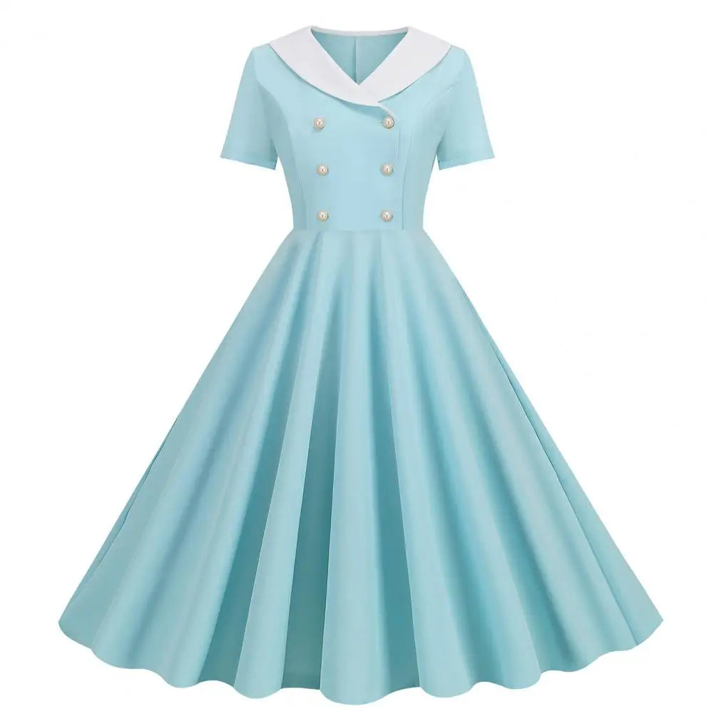 Women Prom Party Dress Vinatge 50s Evening Dress A-line Big Swing Short Sleeve V Neck Fake Double-breasted Lady Midi Dress