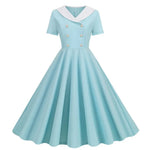 Women Prom Party Dress Vinatge 50s Evening Dress A-line Big Swing Short Sleeve V Neck Fake Double-breasted Lady Midi Dress