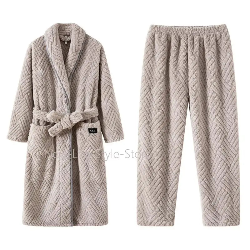 Men Women Jacquard Coral Fleece Bathrobe Autumn Winter Thick Warm Couple Sleepwear Soft Plush Loose Indoor Home Loungewear