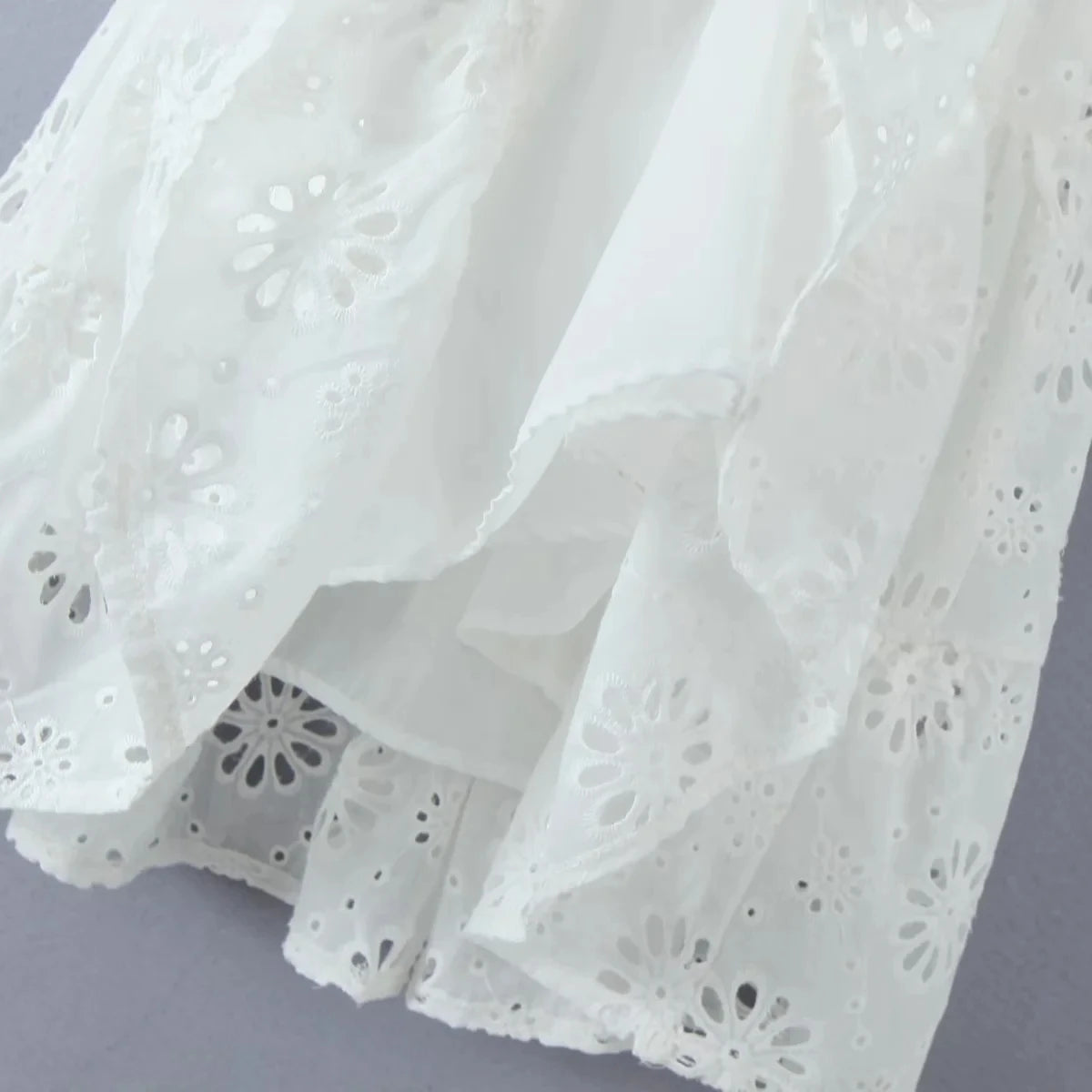 Puff Sleeve Cotton White Lace Dress Women Summer 2025 Square Collar Vintage Beach Short Dress Petite Flower EmbrioderyDress