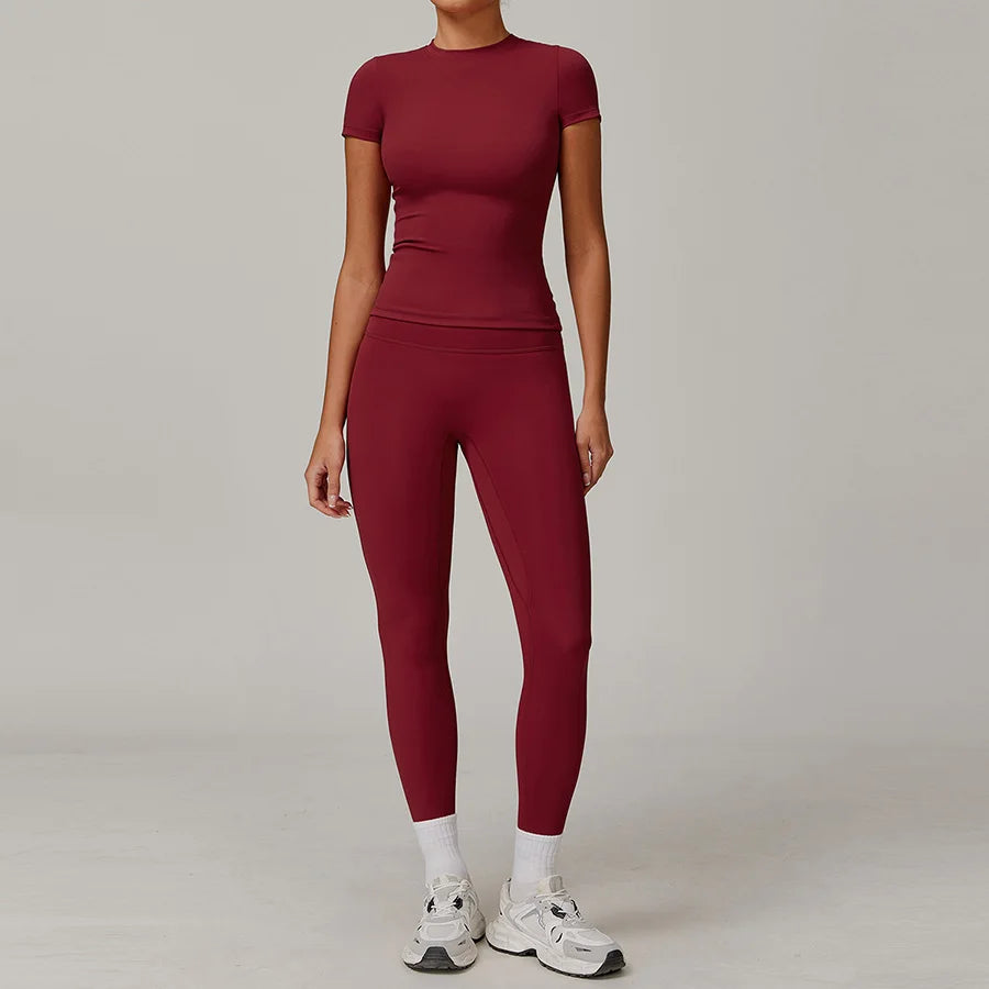 New Yoga Set Two Piece Women Short Sleeve Top with High Waist Leggings Seamless Workout Clothes Patchwork Sport Fitness Gym Sets