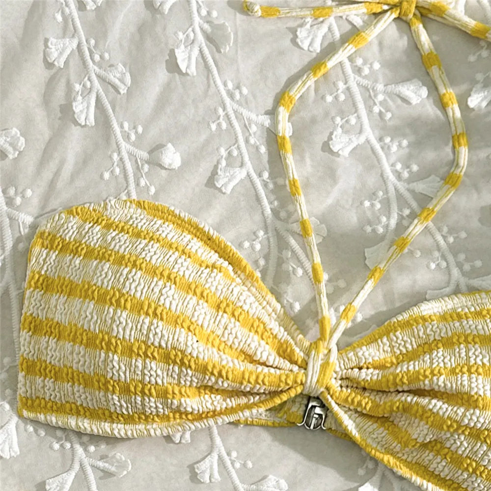 Striped Print String Halter Bandeau Bikinis Sets 2026 Sexy Swimsuit Women Ruched Swimwear Bathing Suit Brazilian Bikini Mujer