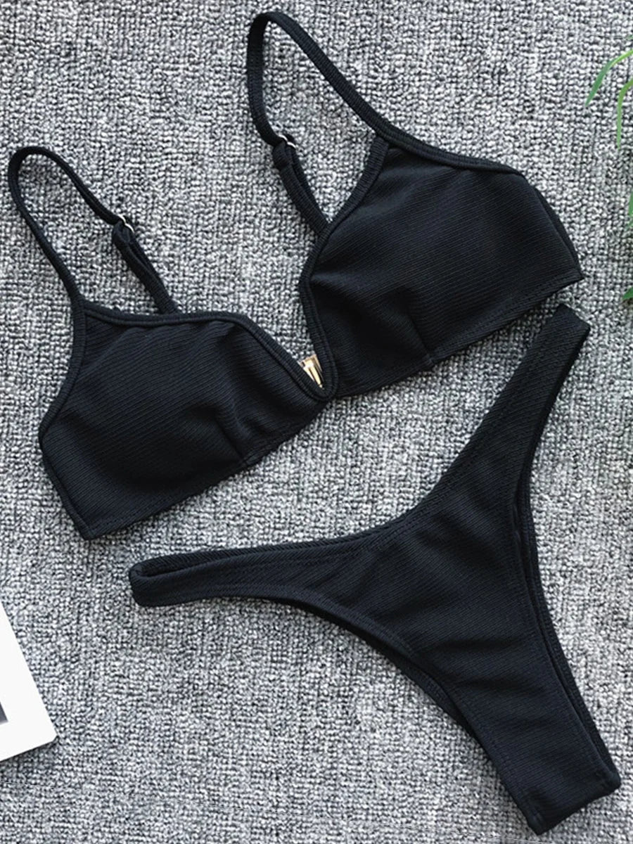 Ribbed V Shape Thong Bikini Women Swimwear Swimsuit Female Two-pieces Bikini set High Cut Bather Bathing Suit Swim Beachwear